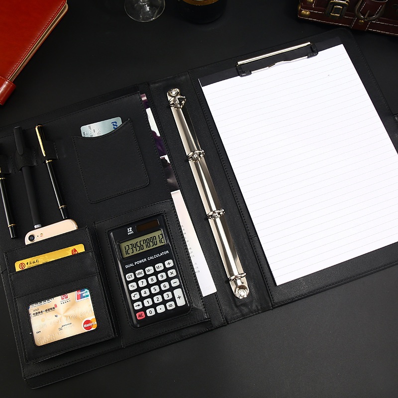 Carpeta de cartera de anillas A4 de cuero PU con calculadora