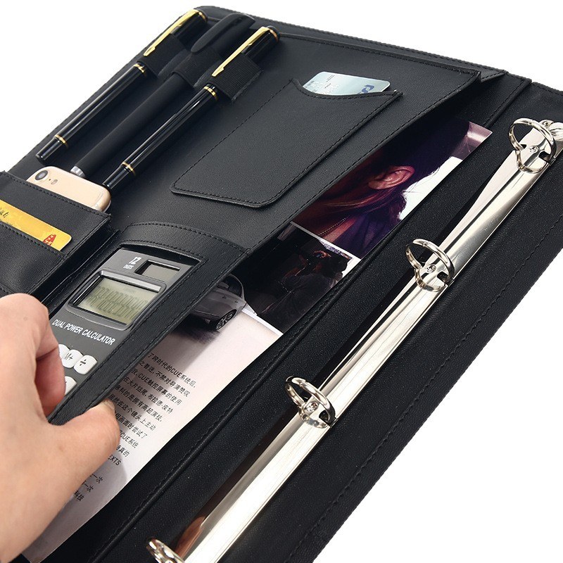 Carpeta de cartera de anillas A4 de cuero PU con calculadora