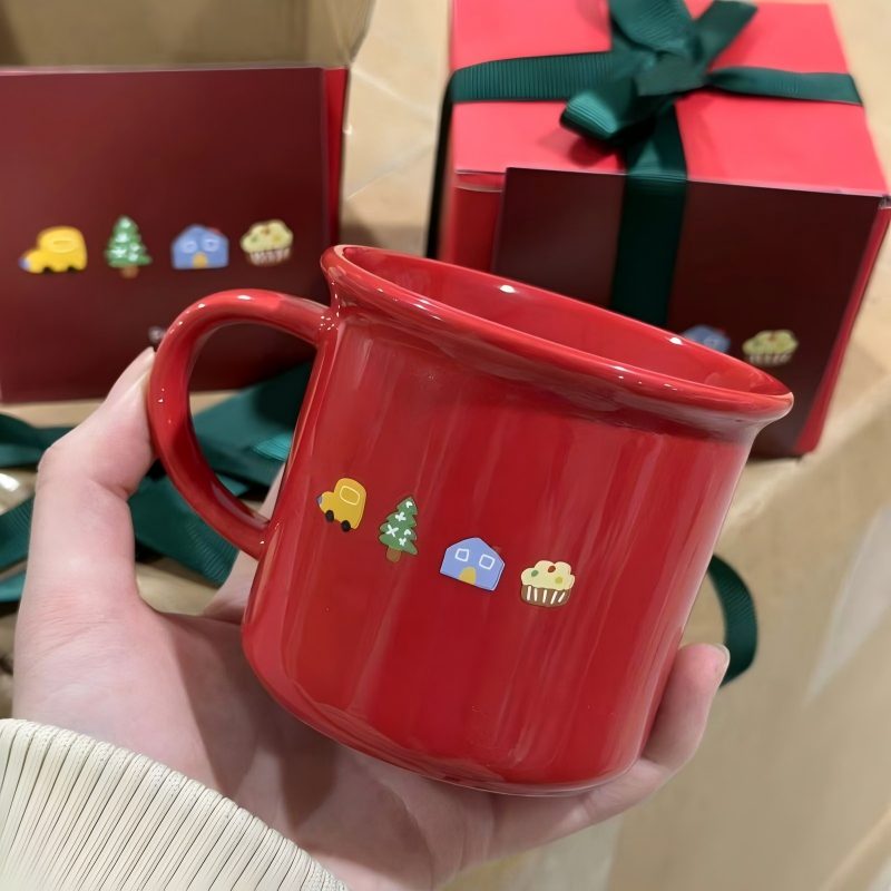 Divertida taza de café de cerámica estilo esmalte rojo