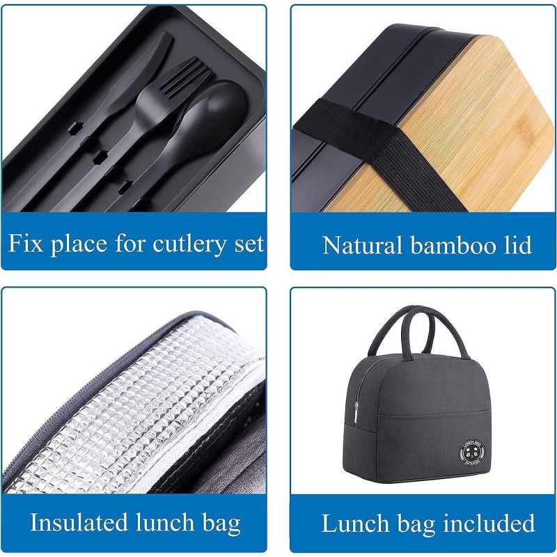 Juego de lonchera Bento con tapa de bambú de doble capa