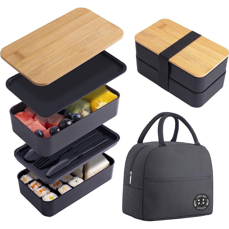 Juego de lonchera Bento con tapa de bambú de doble capa