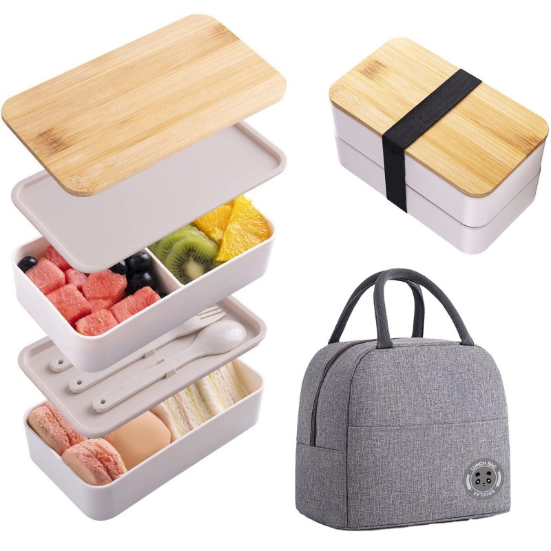 Juego de lonchera Bento con tapa de bambú de doble capa