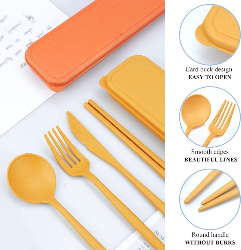 Juego de utensilios portátiles de paja de trigo con estuche de almacenamiento Juego de utensilios portátiles de paja de trigo con estuche de almacenamiento