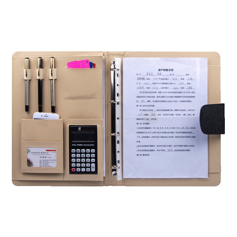 Carpeta de cartera de anillas A4 de cuero PU con calculadora