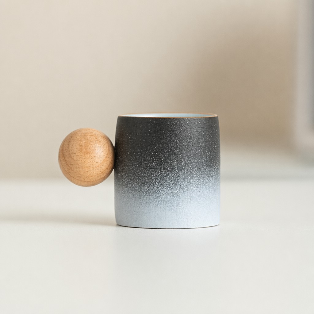 Taza de cerámica degradada con mango de bola de madera para regalo casero