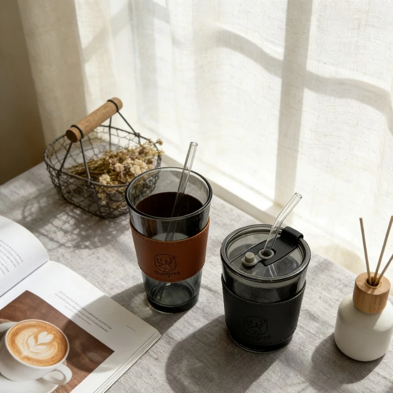 Tinted Glass Tumbler Set With Removable Leather Sleeves Tinted Glass Tumbler Set With Removable Leather Sleeves