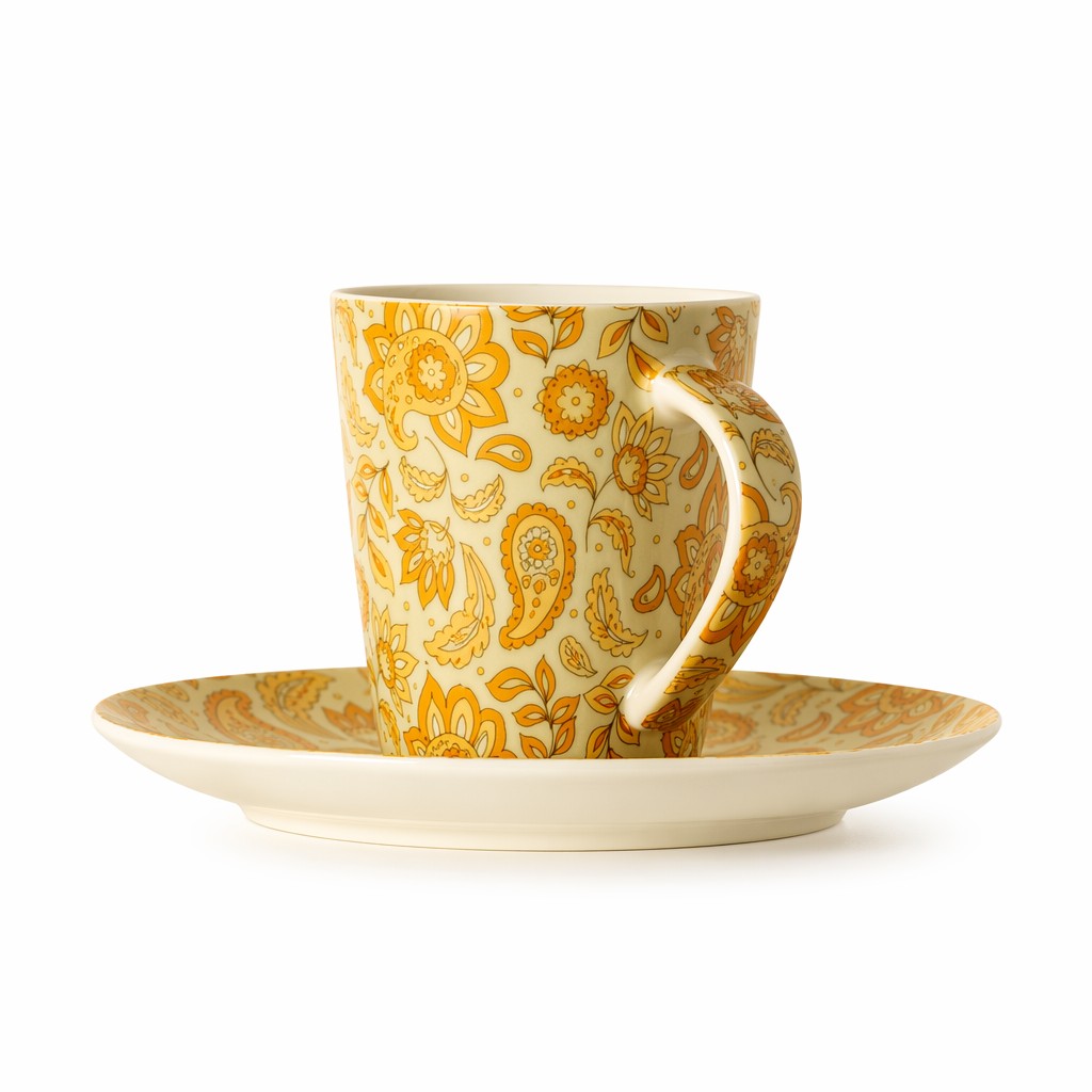 Taza de café de cerámica floral con platillo