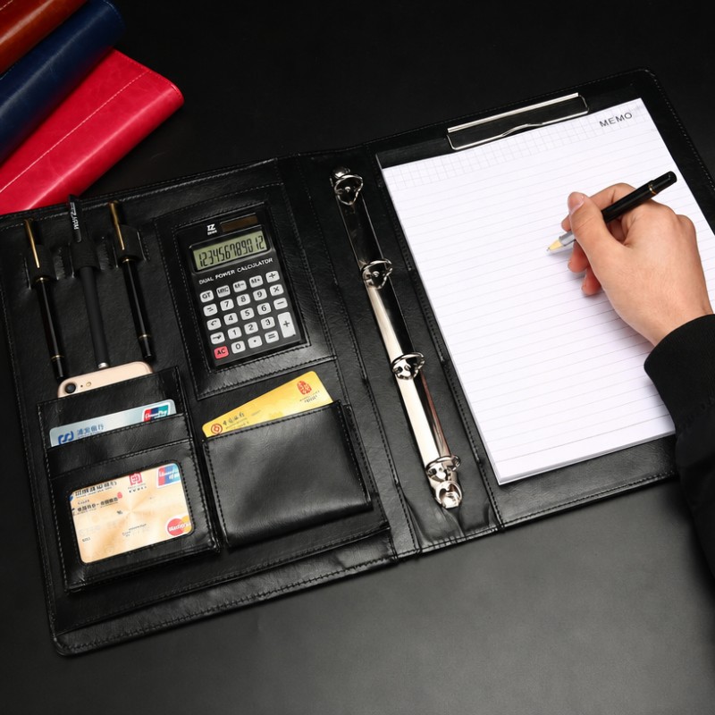 Carpeta de cartera de anillas A4 de cuero PU con calculadora