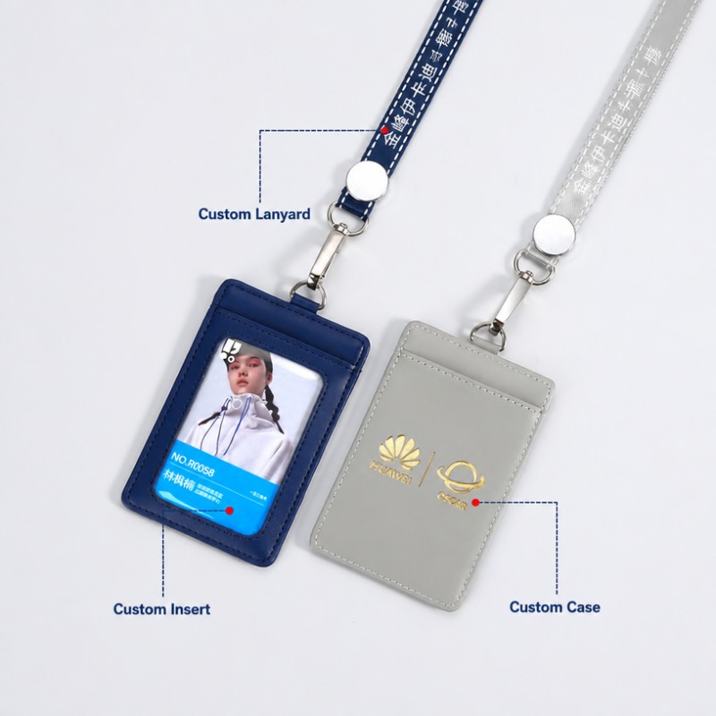 Porta credencial de identificación de cuero con cordón Porta credencial de identificación de cuero con cordón