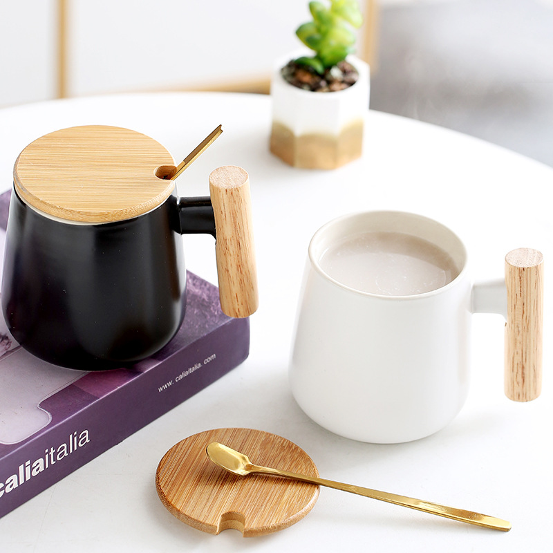 Taza de cerámica mate, mango de madera, tapa, cuchara, regalo para el hogar