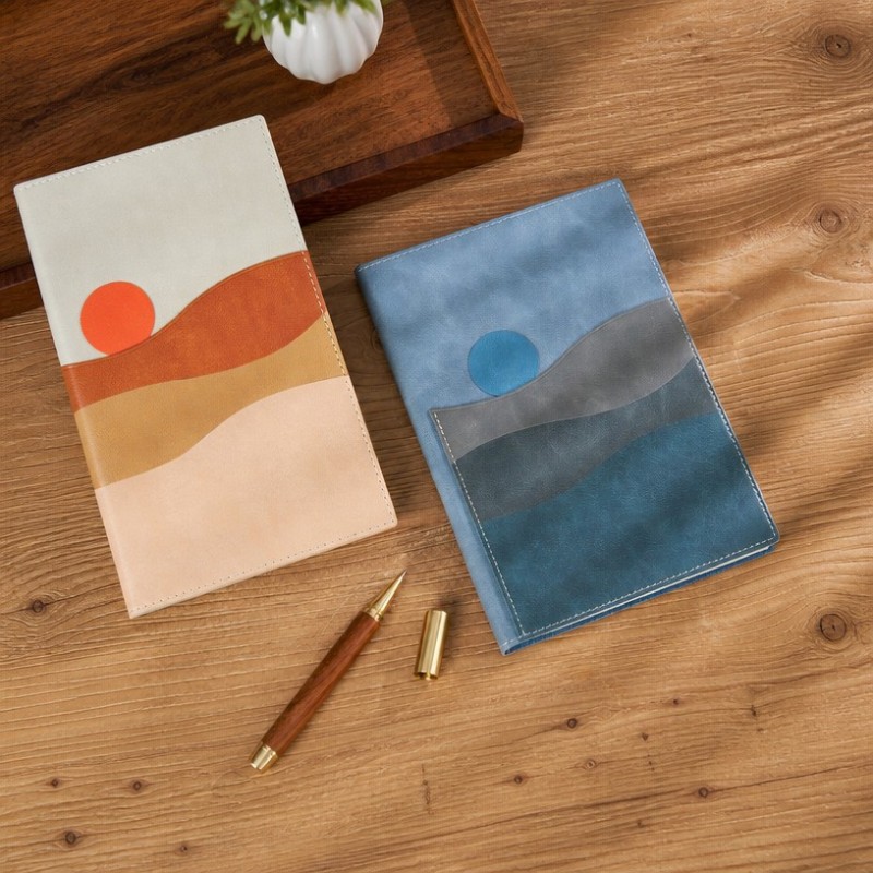 Cuaderno de diario de cuero PU con arte abstracto del sol y la montaña