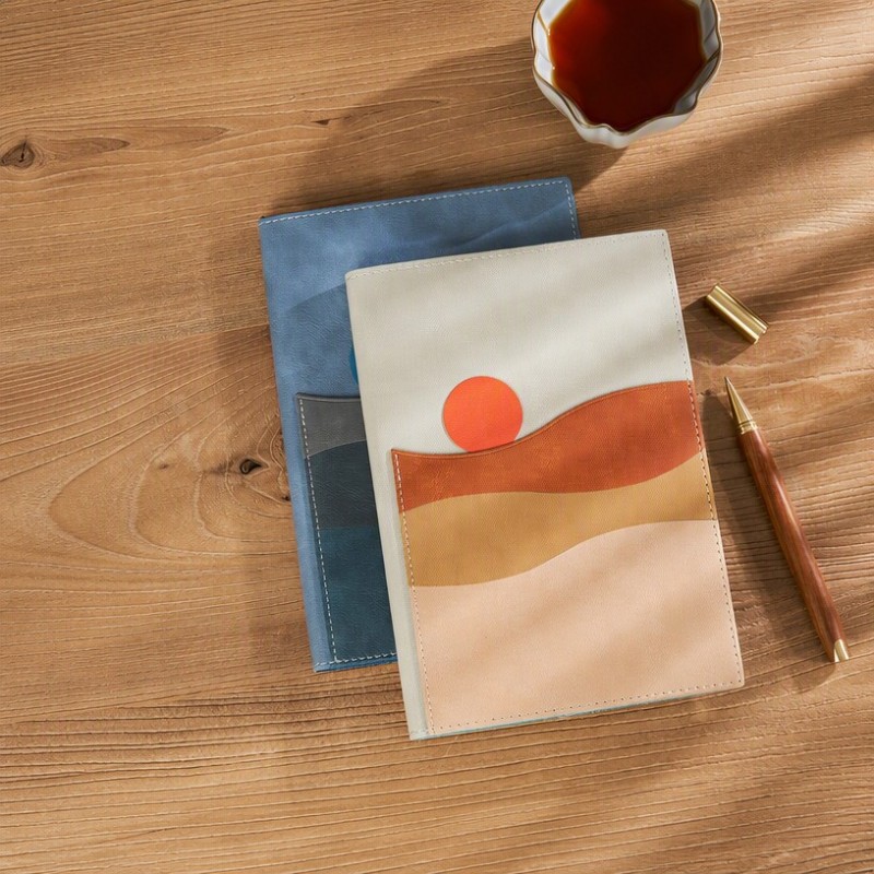 Cuaderno de diario de cuero PU con arte abstracto del sol y la montaña Cuaderno de diario de cuero PU con arte abstracto del sol y la montaña