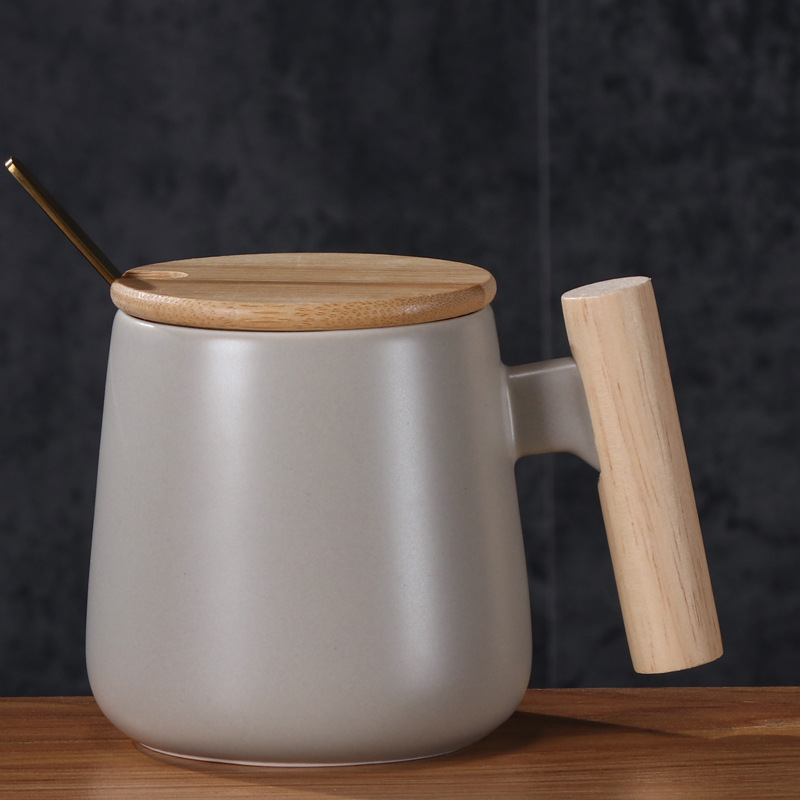 Taza de cerámica mate, mango de madera, tapa, cuchara, regalo para el hogar