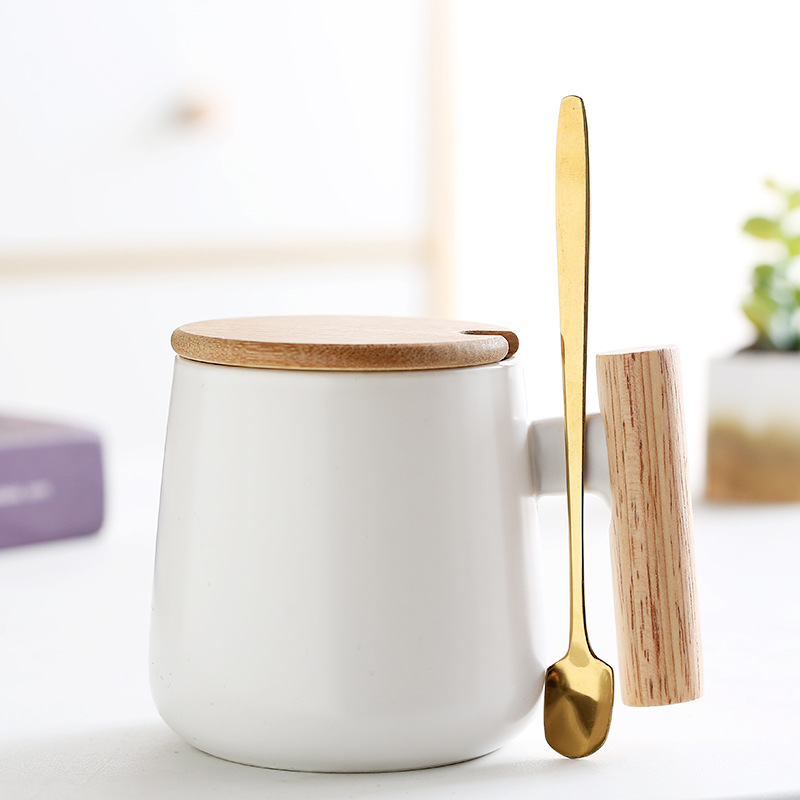 Taza de cerámica mate, mango de madera, tapa, cuchara, regalo para el hogar