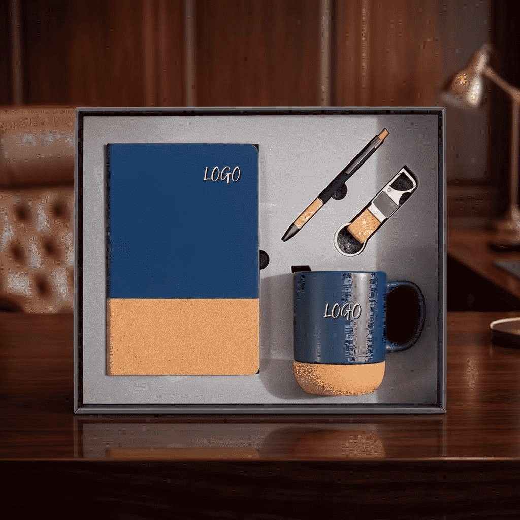 Set de regalo corporativo premium con detalles de corcho