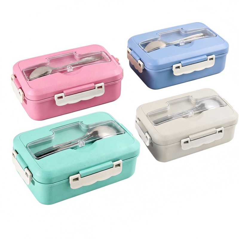 Caja Bento de paja de trigo con cubiertos de acero inoxidable Caja Bento de paja de trigo con cubiertos de acero inoxidable