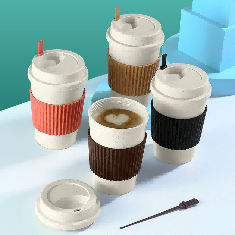Taza de viaje de café reutilizable con paja de trigo